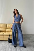 TENCEL CROP KOLSUZ GÖMLEK - PANTOLON TAKIM - İndigo resmi